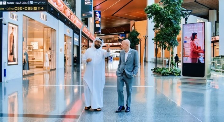 A high-resolution 4K image of two men walking through a modern shopping mall or airport terminal. One man wears traditional Middle Eastern attire, and the other is in a grey suit. They pass luxury stores like Dior, with directional signs overhead and a Qatar Duty Free advertisement displayed on a digital screen. The environment is clean, well-lit, and features potted plants.