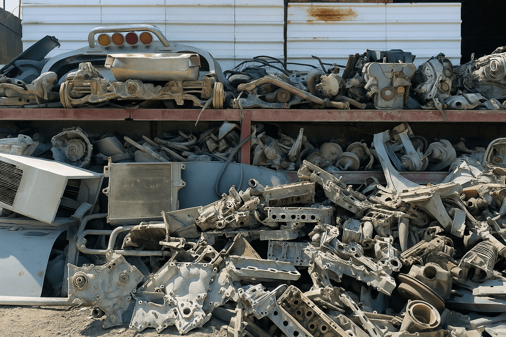 Pile of used car parts stacked in an industrial workshop, reflecting concerns over high prices and lack of warranties in Qatar."