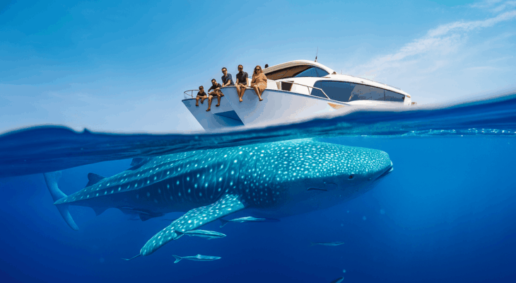 A split-level photograph shows tourists sitting on the bow of a white yacht above the water, while below the surface a massive whale shark swims alongside smaller fish in the deep blue ocean under a clear sky.