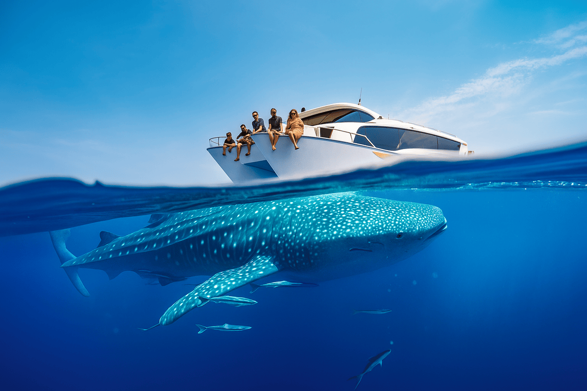 A split-level photograph shows tourists sitting on the bow of a white yacht above the water, while below the surface a massive whale shark swims alongside smaller fish in the deep blue ocean under a clear sky.