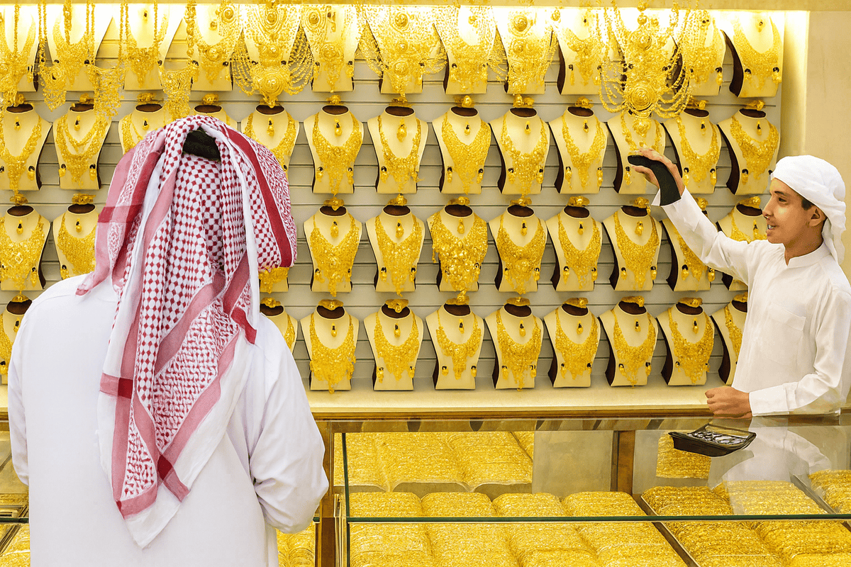 A jewelry shop filled with rows of gold necklaces and ornaments on display. A man wearing a white thobe and red-and-white checkered headscarf stands facing the display, while a shopkeeper in a white thobe and headscarf points at a necklace on the wall. The counter in front is also covered with trays of gold jewelry.