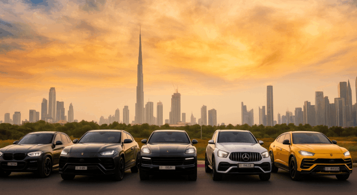 "Luxury cars including BMW, Lamborghini, Porsche, Mercedes, and Lamborghini Urus parked with Dubai skyline and Burj Khalifa in the background during sunset."