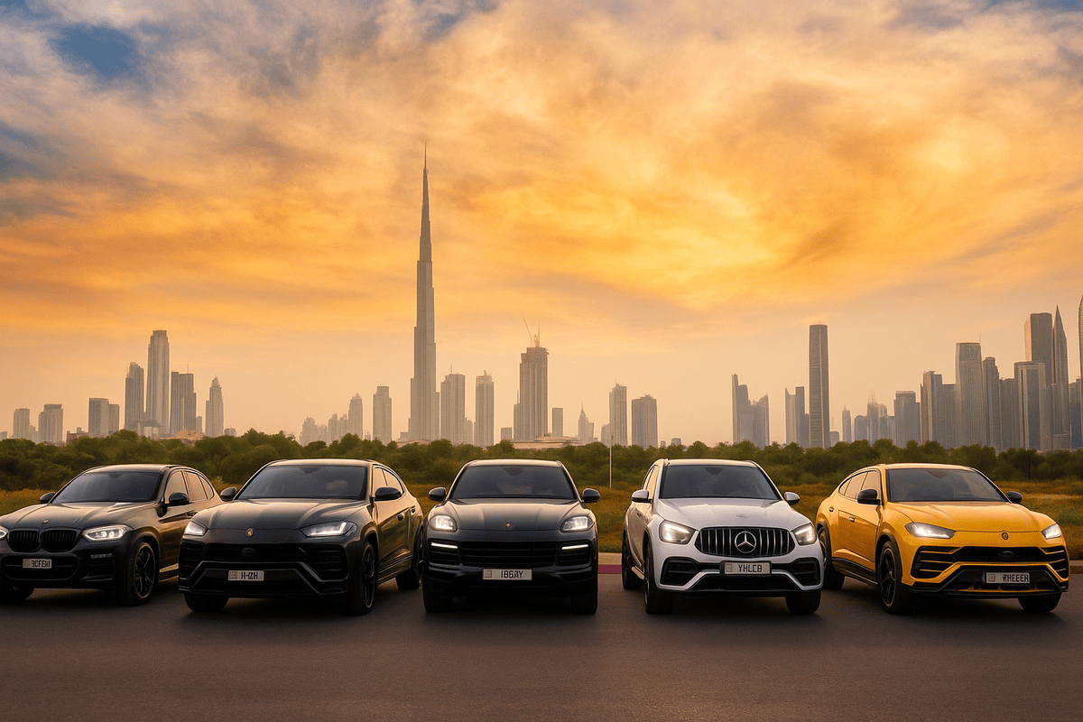 "Luxury cars including BMW, Lamborghini, Porsche, Mercedes, and Lamborghini Urus parked with Dubai skyline and Burj Khalifa in the background during sunset."
