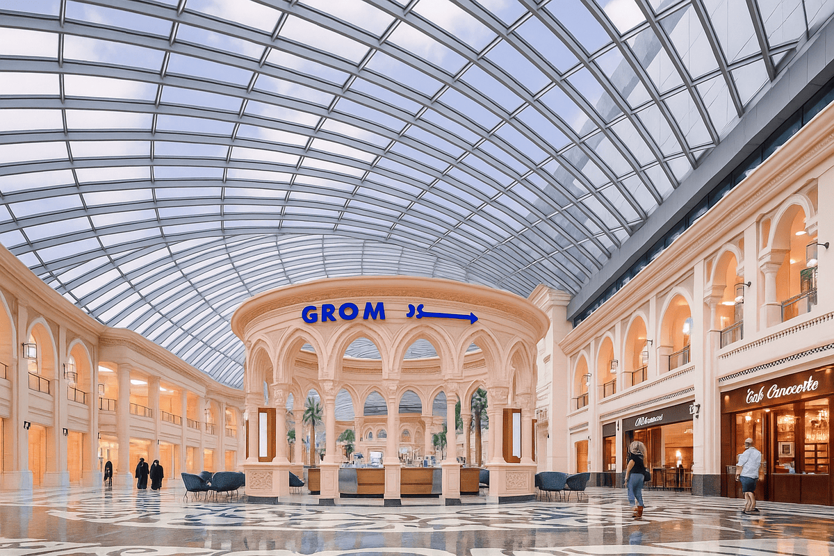 Luxury shopping mall interior with a glass-domed ceiling, elegant arches, and a central kiosk surrounded by patterned marble flooring.