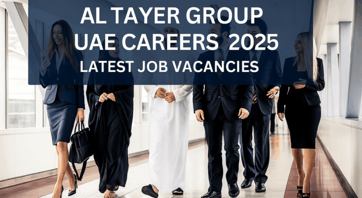 Six diverse professionals, including men in suits and women in business attire and abaya, walking together in a bright corporate corridor – representing Al Tayer Group UAE Careers 2025.