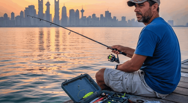 A man in casual clothing sits on a wooden jetty fishing with a rod, with his tackle box open beside him. In the background, the modern skyline of Doha, Qatar, is silhouetted against a golden sunset sky.