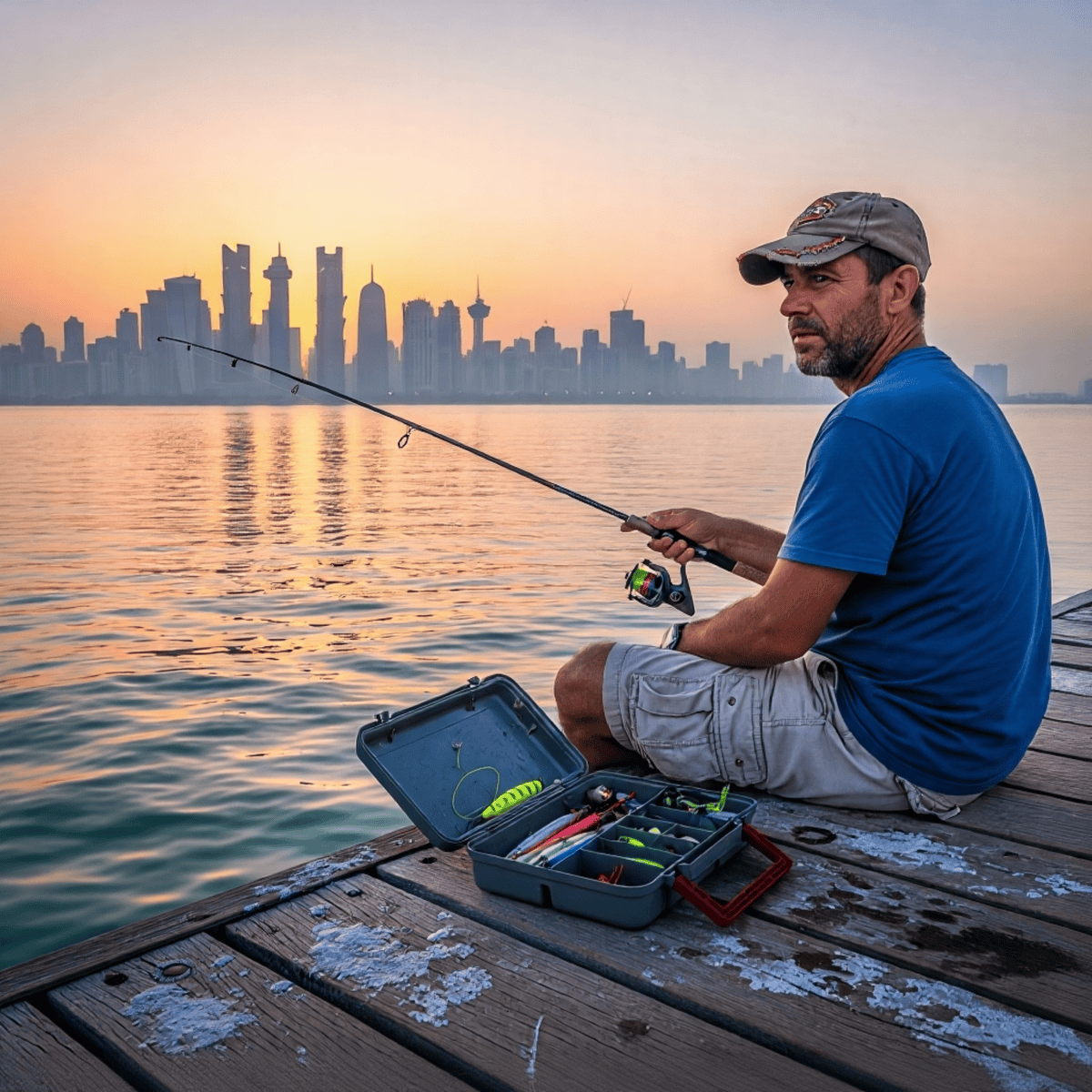 A man in casual clothing sits on a wooden jetty fishing with a rod, with his tackle box open beside him. In the background, the modern skyline of Doha, Qatar, is silhouetted against a golden sunset sky.