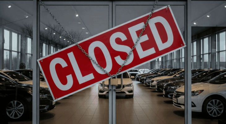 The glass entrance of a car dealership with a large, red "CLOSED" sign chained across the doors. Inside, new cars are visible in the dimly lit showroom.