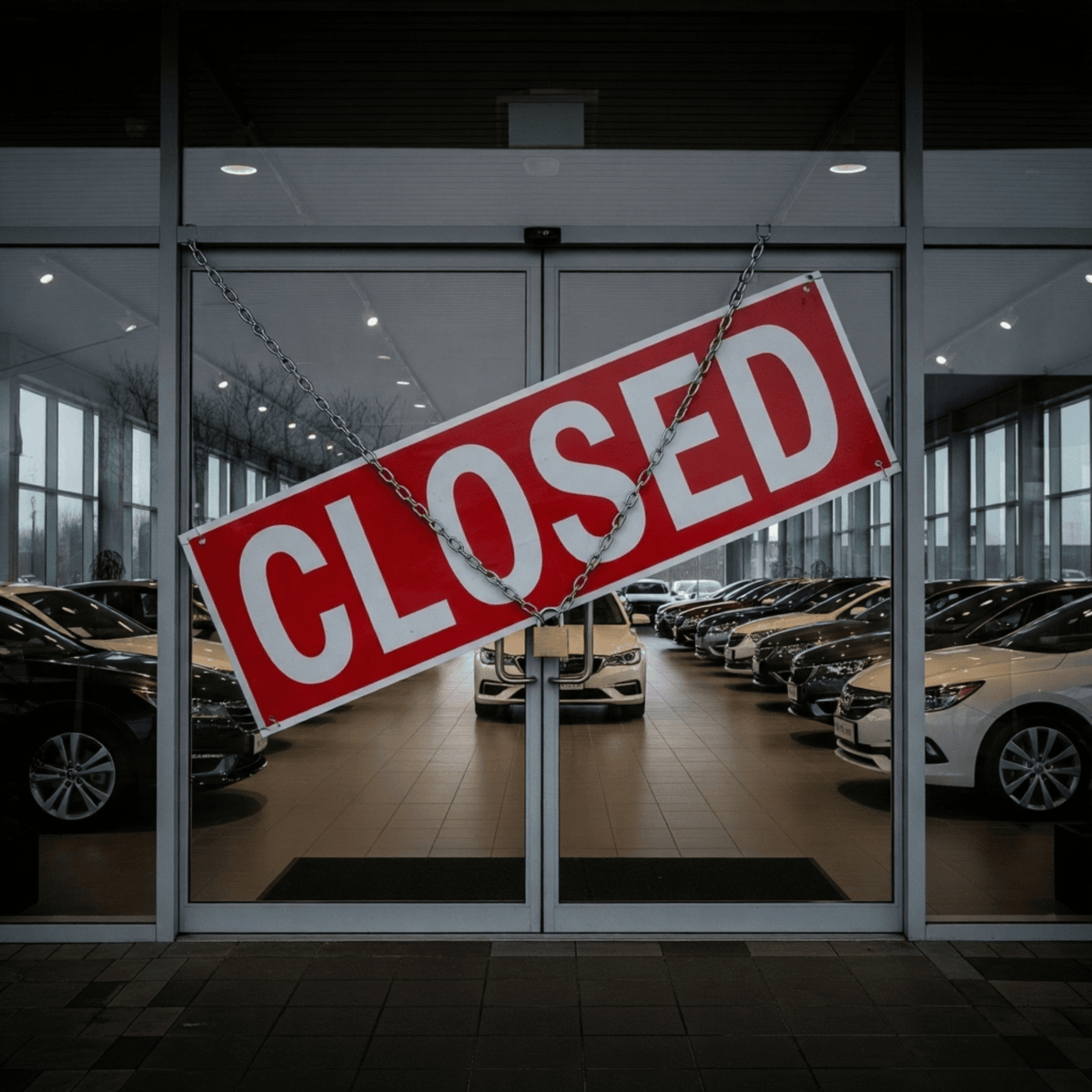 The glass entrance of a car dealership with a large, red "CLOSED" sign chained across the doors. Inside, new cars are visible in the dimly lit showroom.