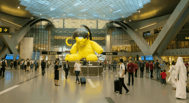 A busy terminal at Hamad International Airport in Doha features the giant yellow Lamp Bear sculpture under a glass ceiling, surrounded by travelers walking, talking, and pulling luggage.