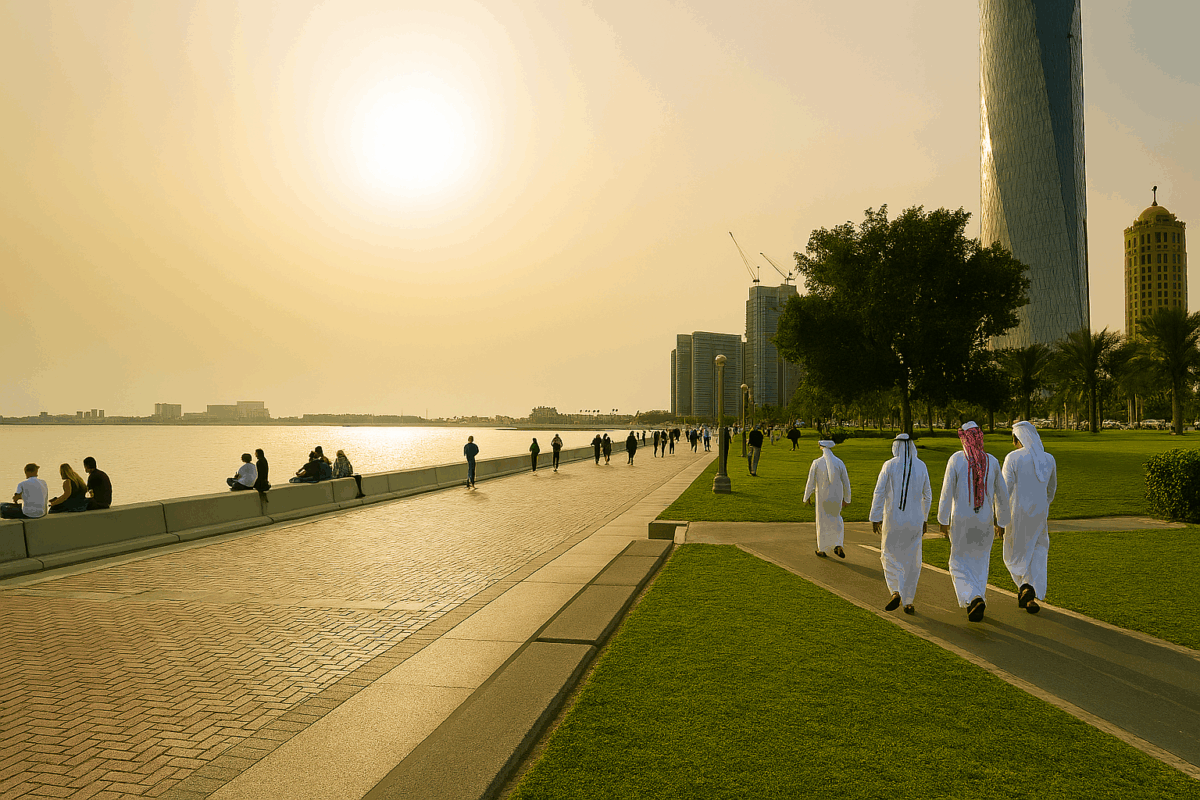 "Scenic waterfront promenade with people walking and relaxing, surrounded by greenery and modern high-rise buildings under a bright sunny sky."