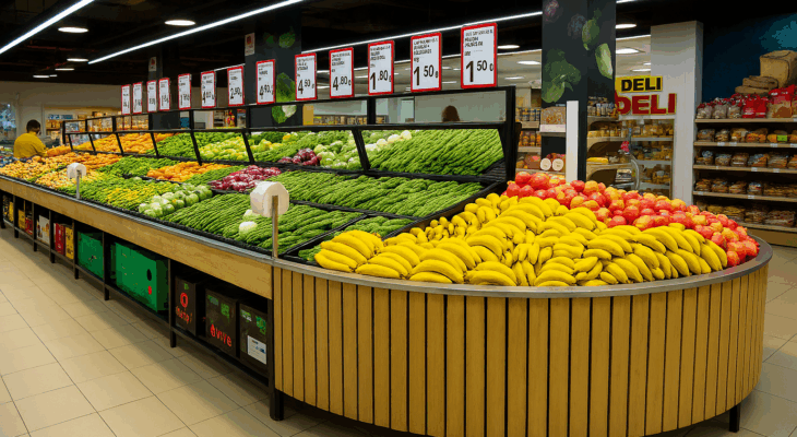 Fresh produce section in a hypermarket with neatly arranged fruits and vegetables, highlighting a vibrant shopping environment."