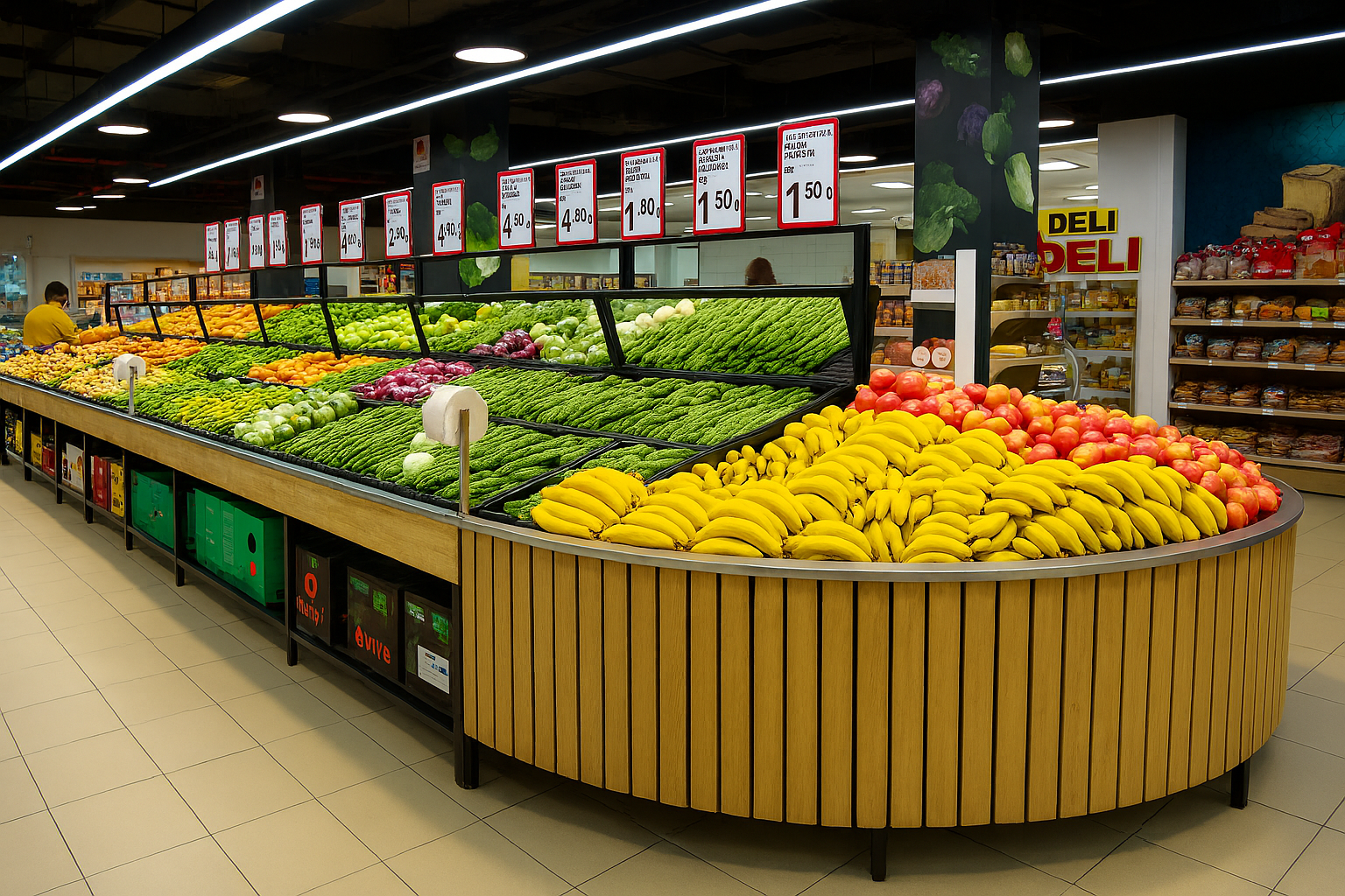 Fresh produce section in a hypermarket with neatly arranged fruits and vegetables, highlighting a vibrant shopping environment."