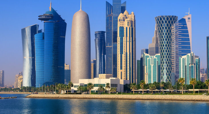 A high-resolution 4K image of a modern cityscape featuring diverse skyscrapers along a waterfront promenade, with clear blue skies and palm trees lining the walkway, showcasing architectural elegance and urban vibrancy.
