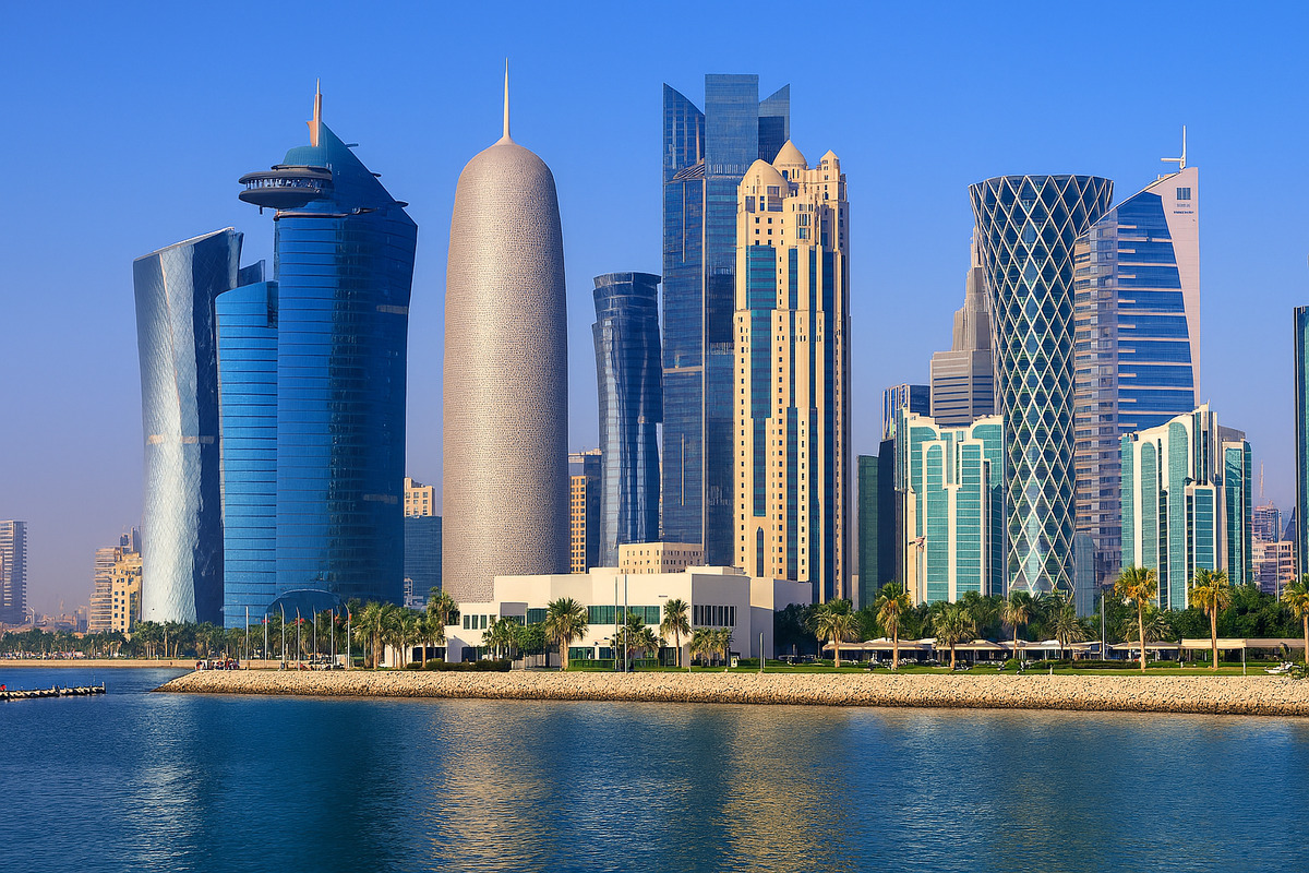 A high-resolution 4K image of a modern cityscape featuring diverse skyscrapers along a waterfront promenade, with clear blue skies and palm trees lining the walkway, showcasing architectural elegance and urban vibrancy.