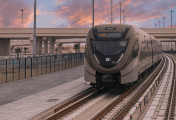 A modern Doha Metro train on a platform, with passengers standing behind the yellow safety line, illustrating a safe travel environment.