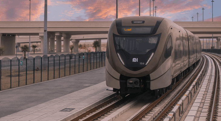 A modern Doha Metro train on a platform, with passengers standing behind the yellow safety line, illustrating a safe travel environment.