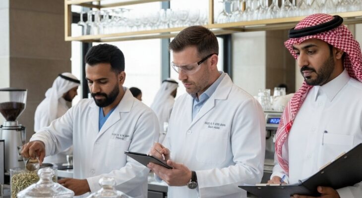 Health inspectors from Al Wakrah Municipality conducting a food safety inspection inside a café as part of the “My Civic City” initiative in Qatar.