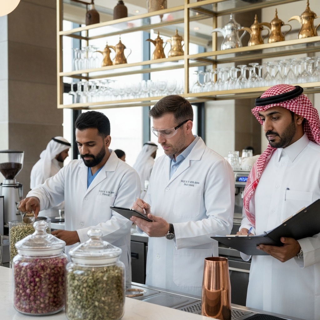 Health inspectors from Al Wakrah Municipality conducting a food safety inspection inside a café as part of the “My Civic City” initiative in Qatar.