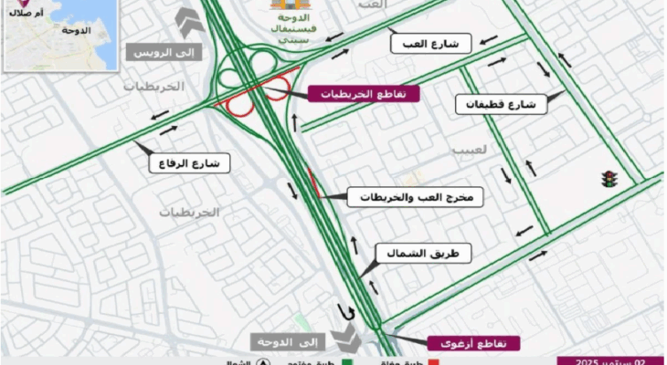 Qatar road closure at Al Kharaityat Interchange announced by Ashghal with diversion routes through Izghawa Interchange”